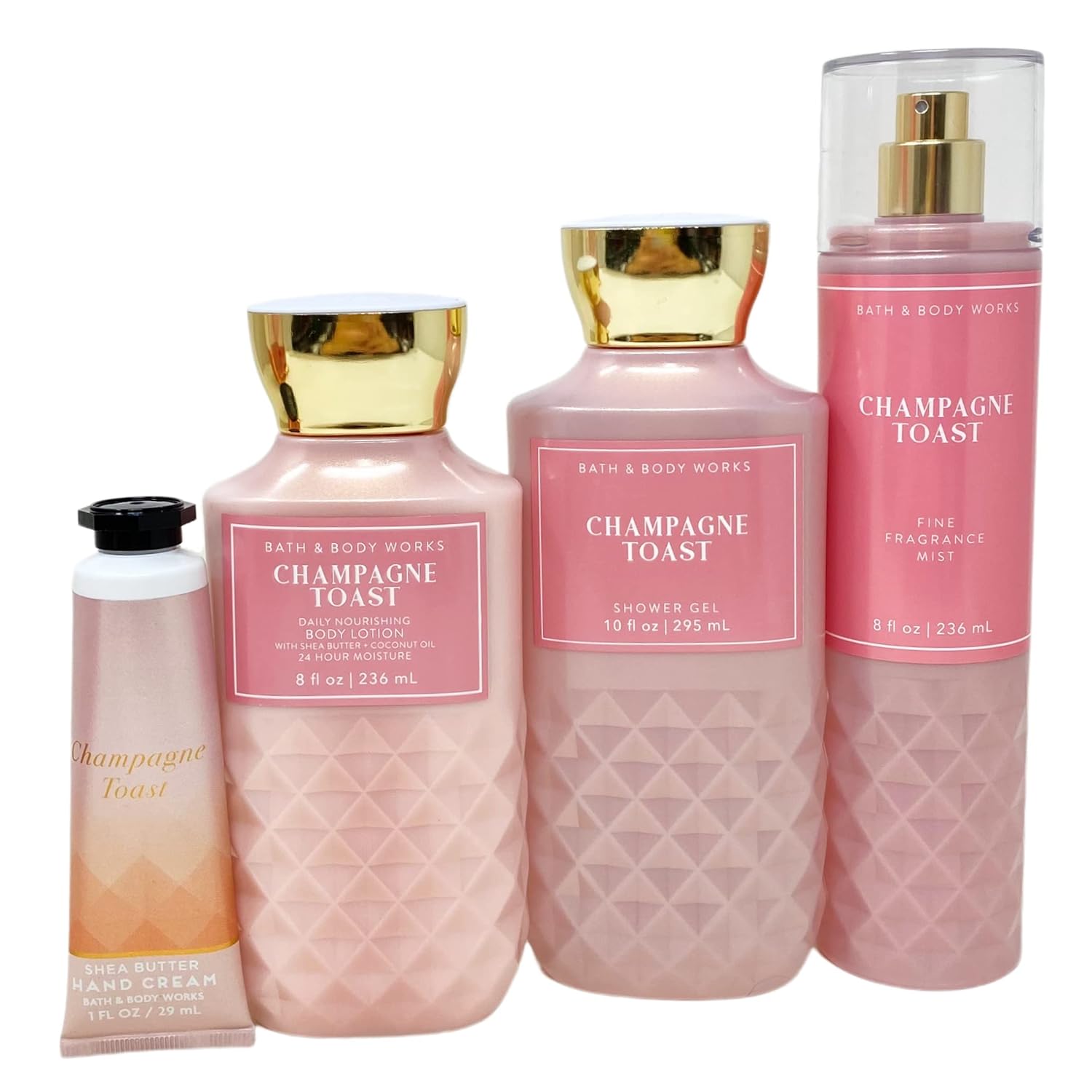 Picture of Bath and Body Works CHAMPAGNE TOAST Gift Bag Set - Body lotion - Shower Gel and Fine Fragrance Mist Plus a Shea Butter Hand Cream arranged inside a transparent gift bag