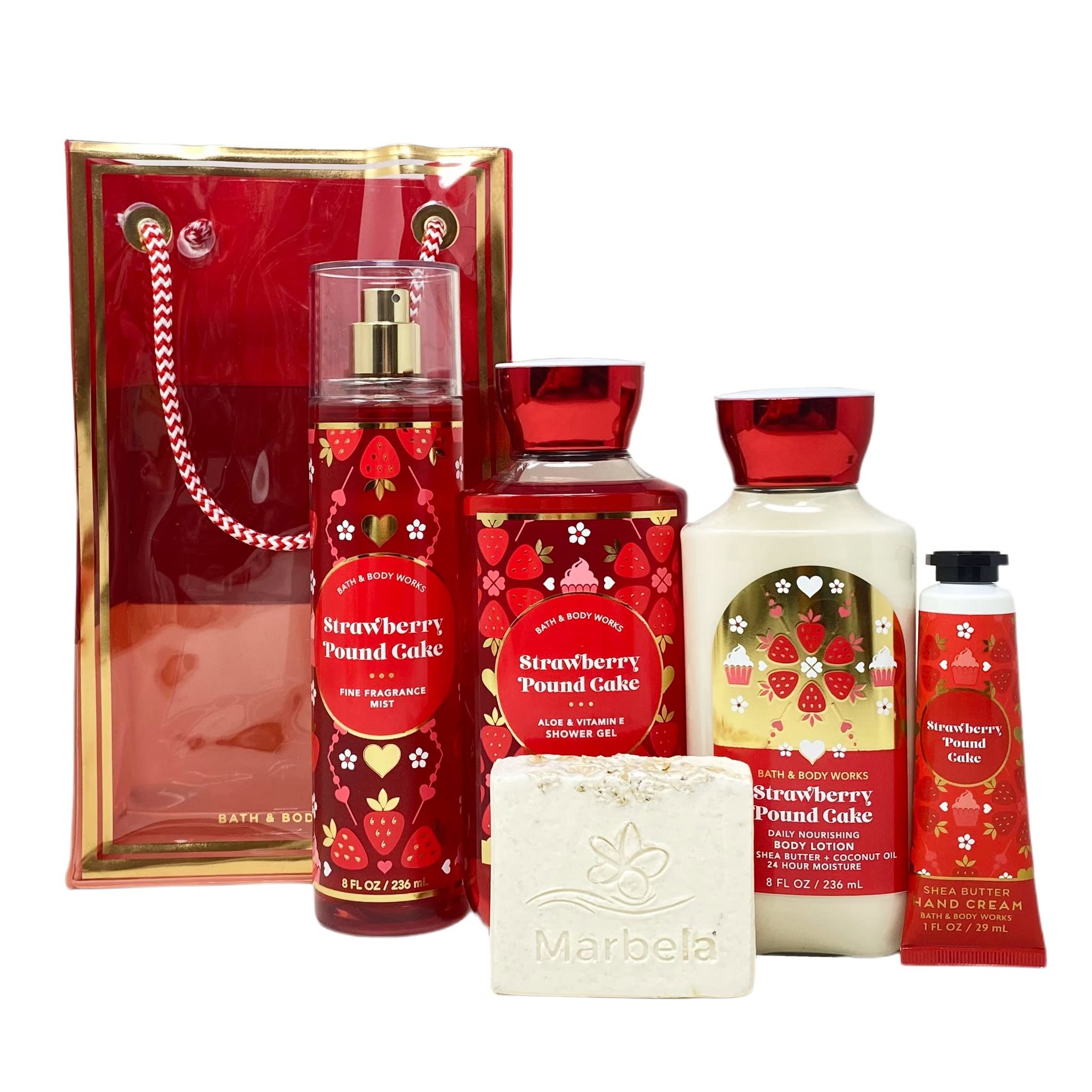 Picture of Bath & Body Works Strawberry Pound Cake Deluxe Gift Bag Set - Fragrance Mist - Shower Gel - Body Lotion - Hand Cream full size